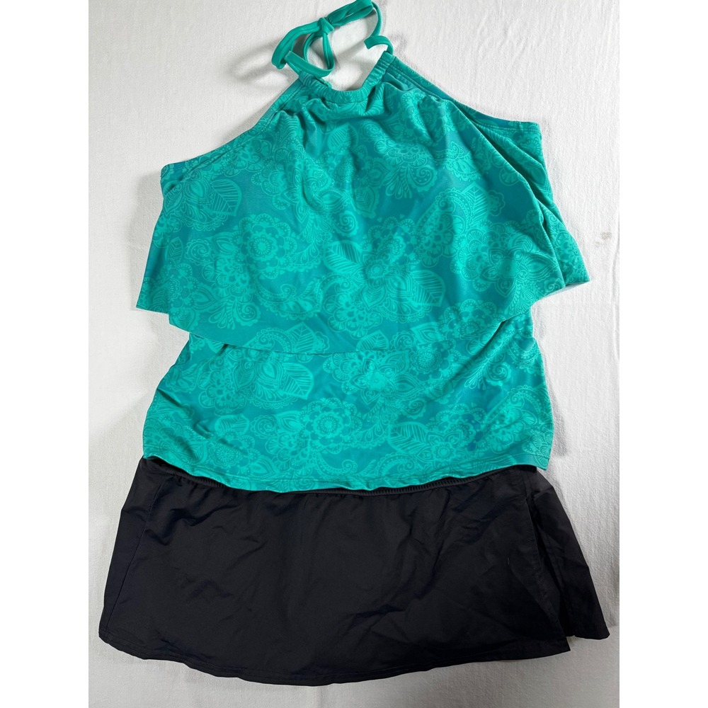 Aqua Couture Teal Paisley Ruffle Tankini & Kenneth Cole Black Swim Skirt Set L